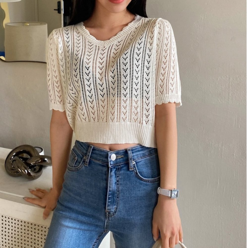 Scallop Trim Crop Pointelle Knit Top - Picture 2 of 4
